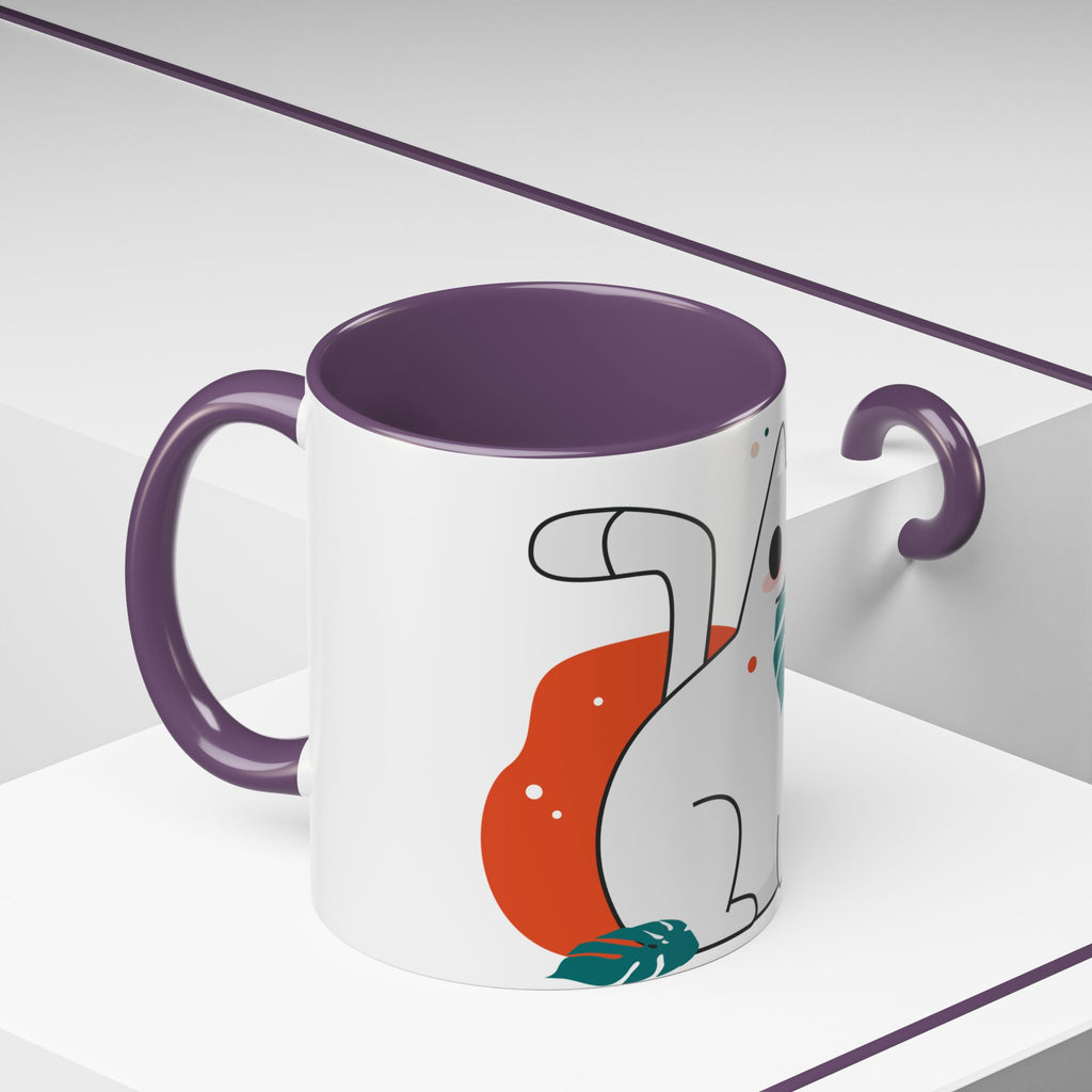 Cute Cat Coffee Mug  Playful White Cat with Tropical Leaf Accent 11oz 15oz