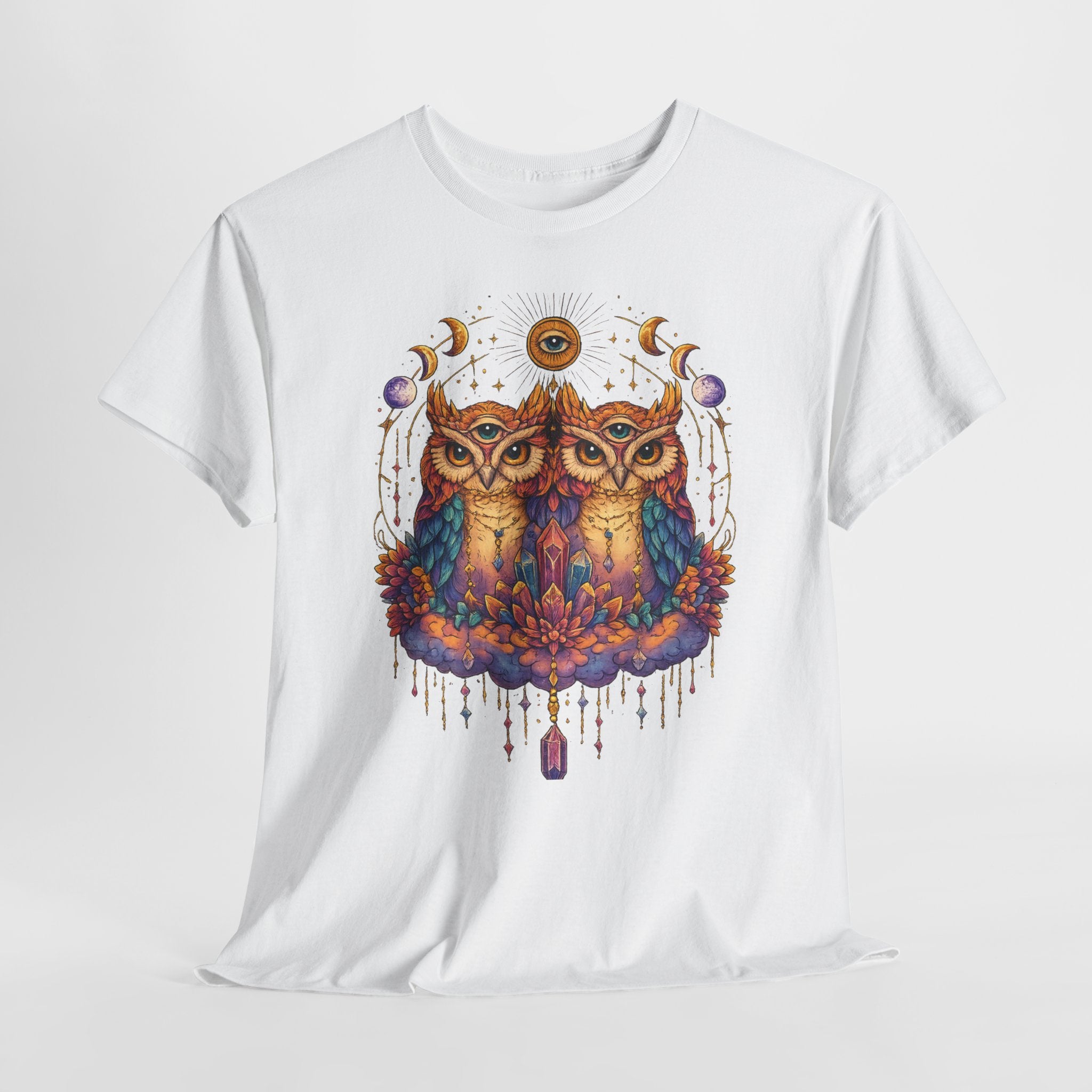 Mystical Triple Owl Illustration Tee Boho Moon Mystical Owl Shirt Boho Owl Graphic Tee Celestial Nature Shirt Spiritual Animal T Shirt