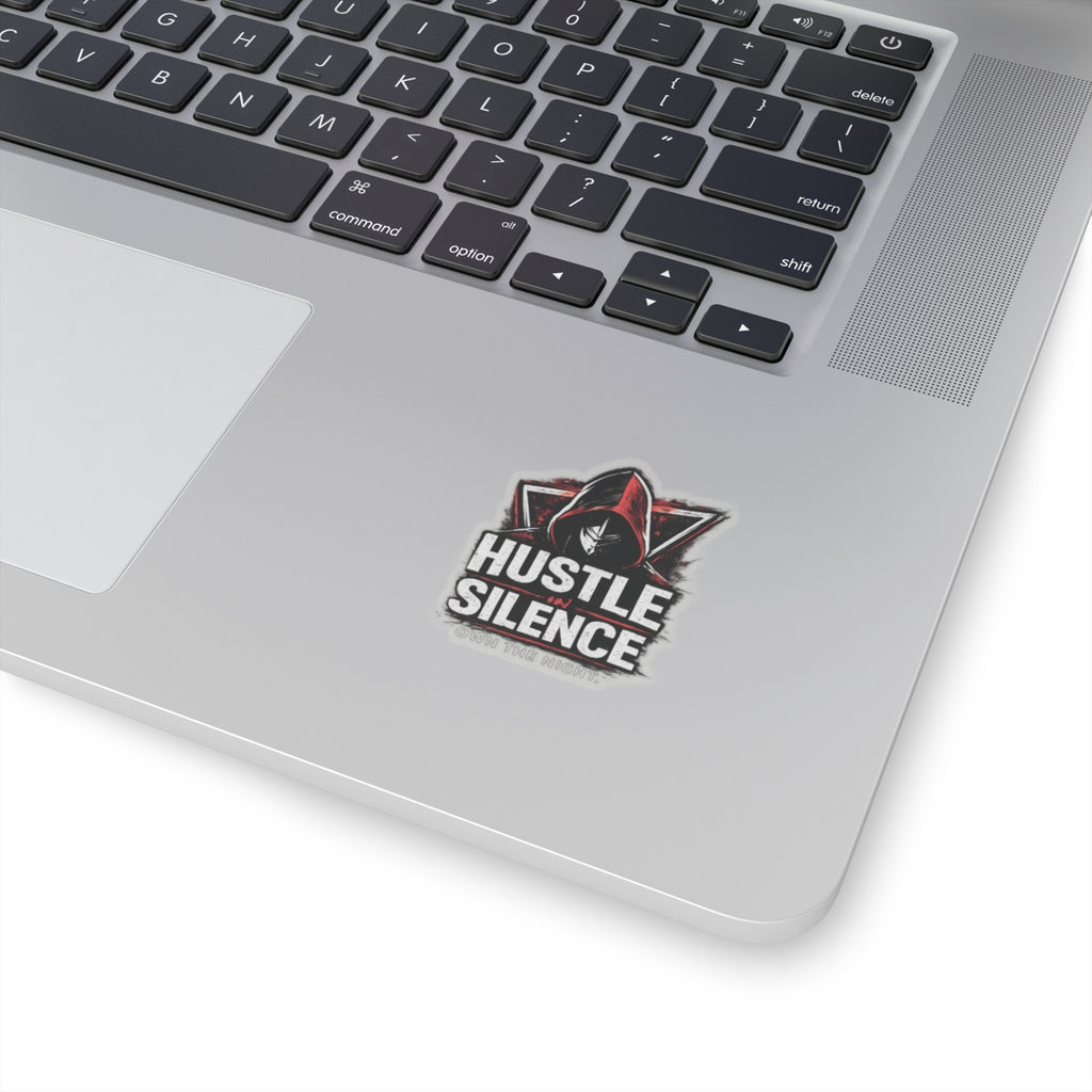 Hustle in Silence sticker Kiss-cut vinyl decal, hooded figure, gritty typography