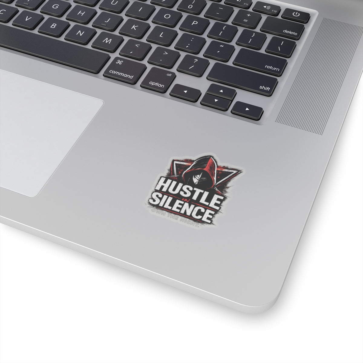 Hustle in Silence sticker Kiss-cut vinyl decal, hooded figure, gritty typography