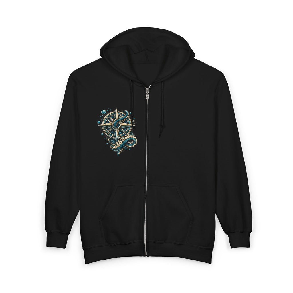 Nautical Compass & Octopus Zip Hoodie — Steampunk Sea Skull Design