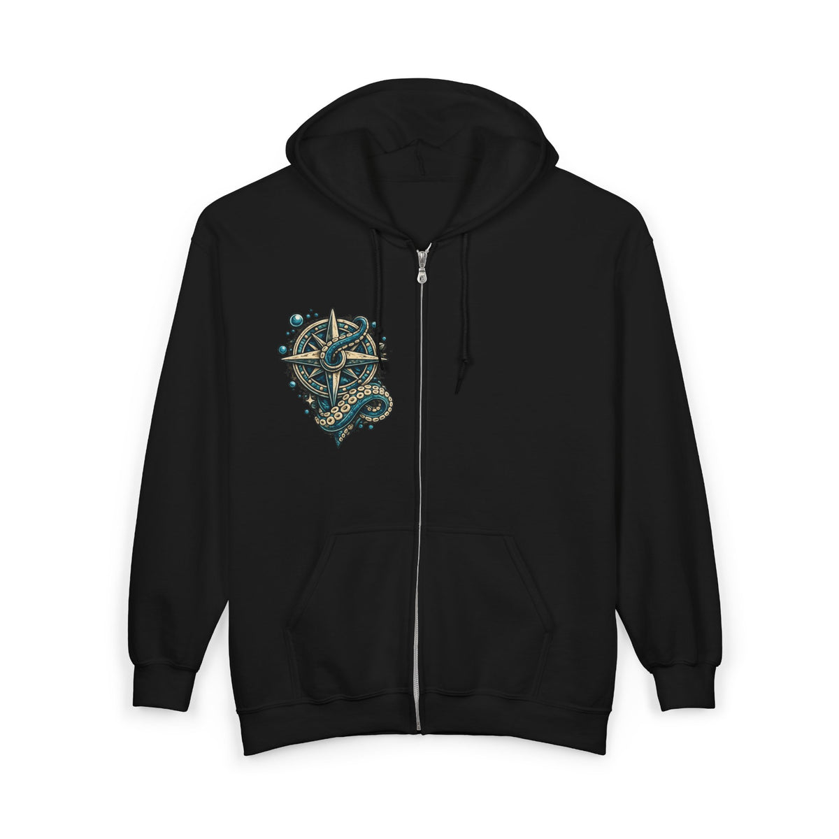 Nautical Compass & Octopus Zip Hoodie — Steampunk Sea Skull Design