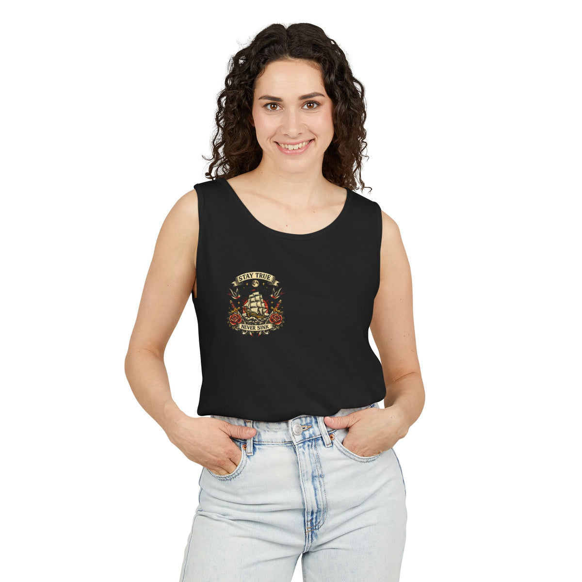 Stay True Never Sink Unisex Tank Top | Nautical Tattoo Style Summer Tank