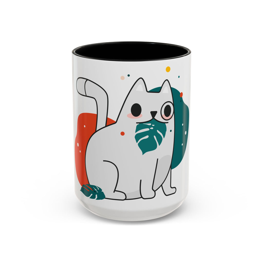 Cute Cat Coffee Mug  Playful White Cat with Tropical Leaf Accent 11oz 15oz