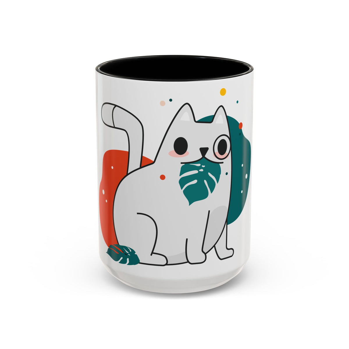 Cute Cat Coffee Mug  Playful White Cat with Tropical Leaf Accent 11oz 15oz