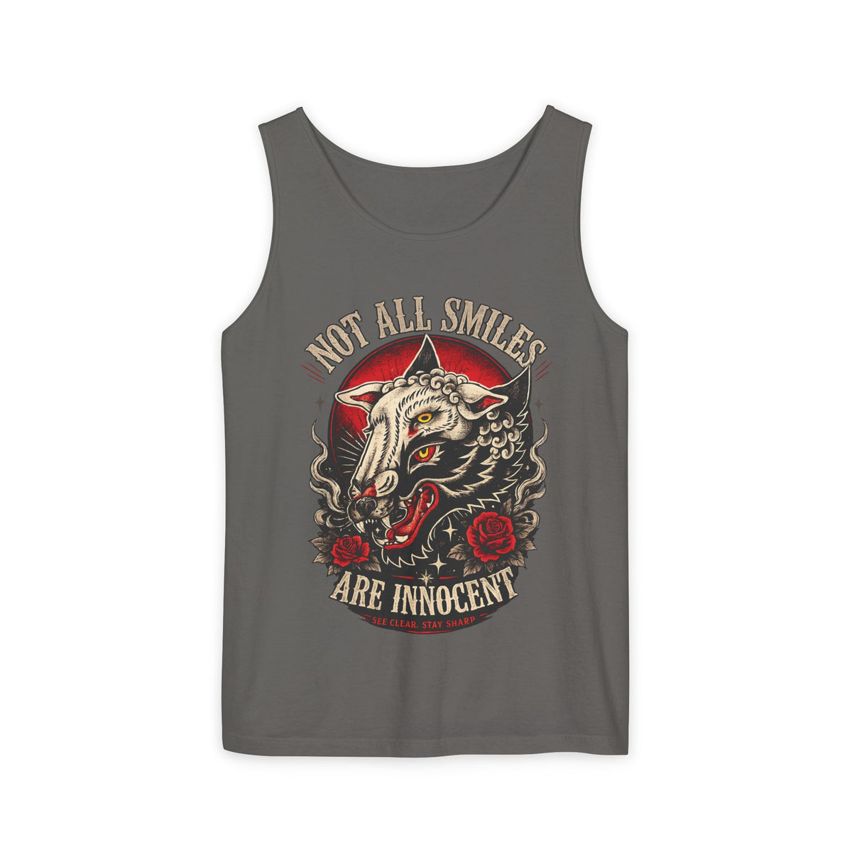 Not All Smiles Are Innocent Tank Top Gothic Wolf Shirt Alternative Streetwear Tattoo Style Muscle Tank Dark Aesthetic Gym Shirt