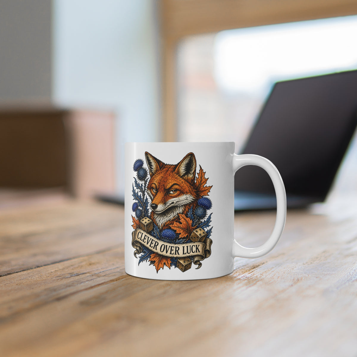 Clever Over Luck fox illustration Mug | Autumn leaves, thistle, woodcock