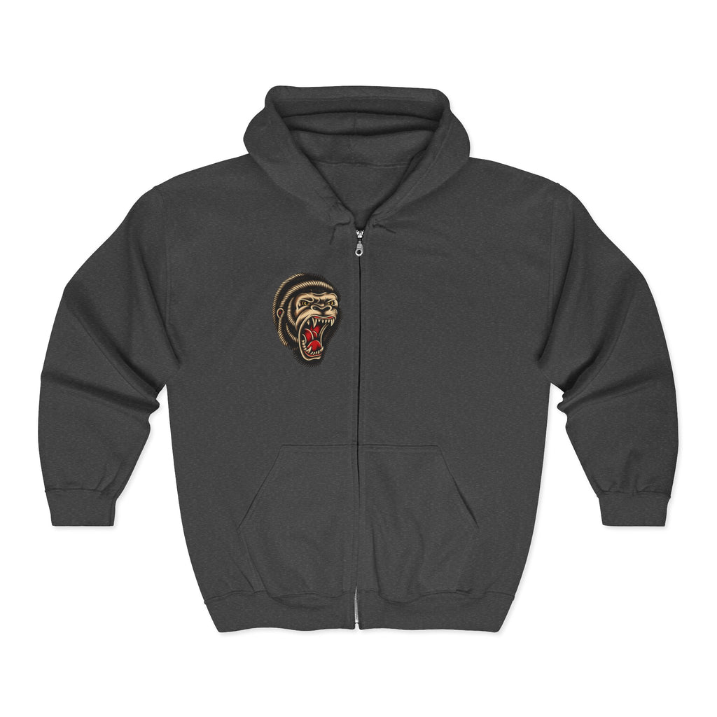 Roaring Gorilla Head Zip Hoodie | Animal Skull Design, Dark Streetwear