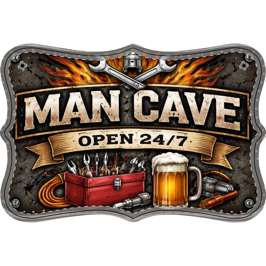 Man Cave Open 24/7 Wooden Sign | Rustic Garage & Workshop Wall Decor