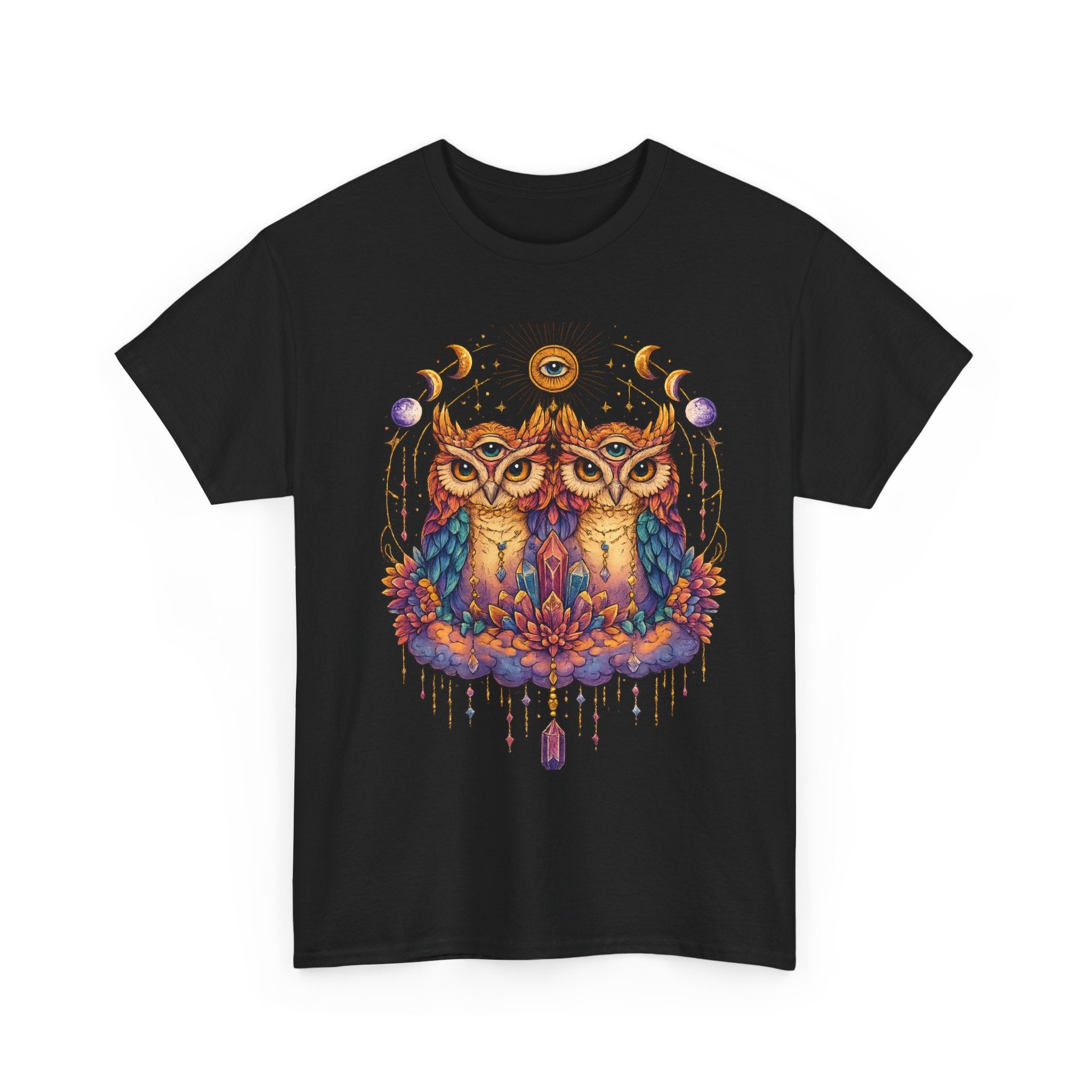 Mystical Triple Owl Illustration Tee Boho Moon Mystical Owl Shirt Boho Owl Graphic Tee Celestial Nature Shirt Spiritual Animal T Shirt