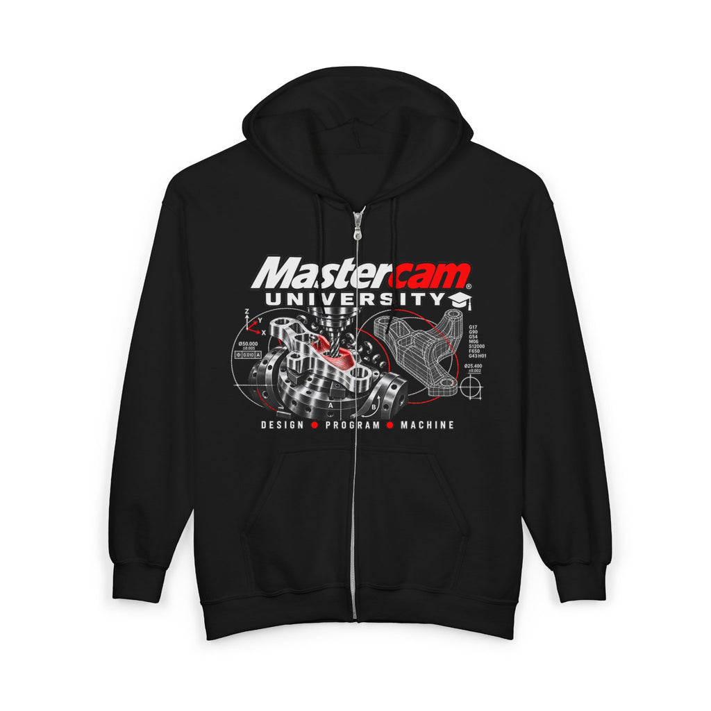 Mastercam University Zip Hoodie — CNC Design, Program & Machine Graphic