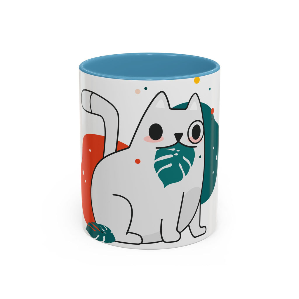 Cute Cat Coffee Mug  Playful White Cat with Tropical Leaf Accent 11oz 15oz