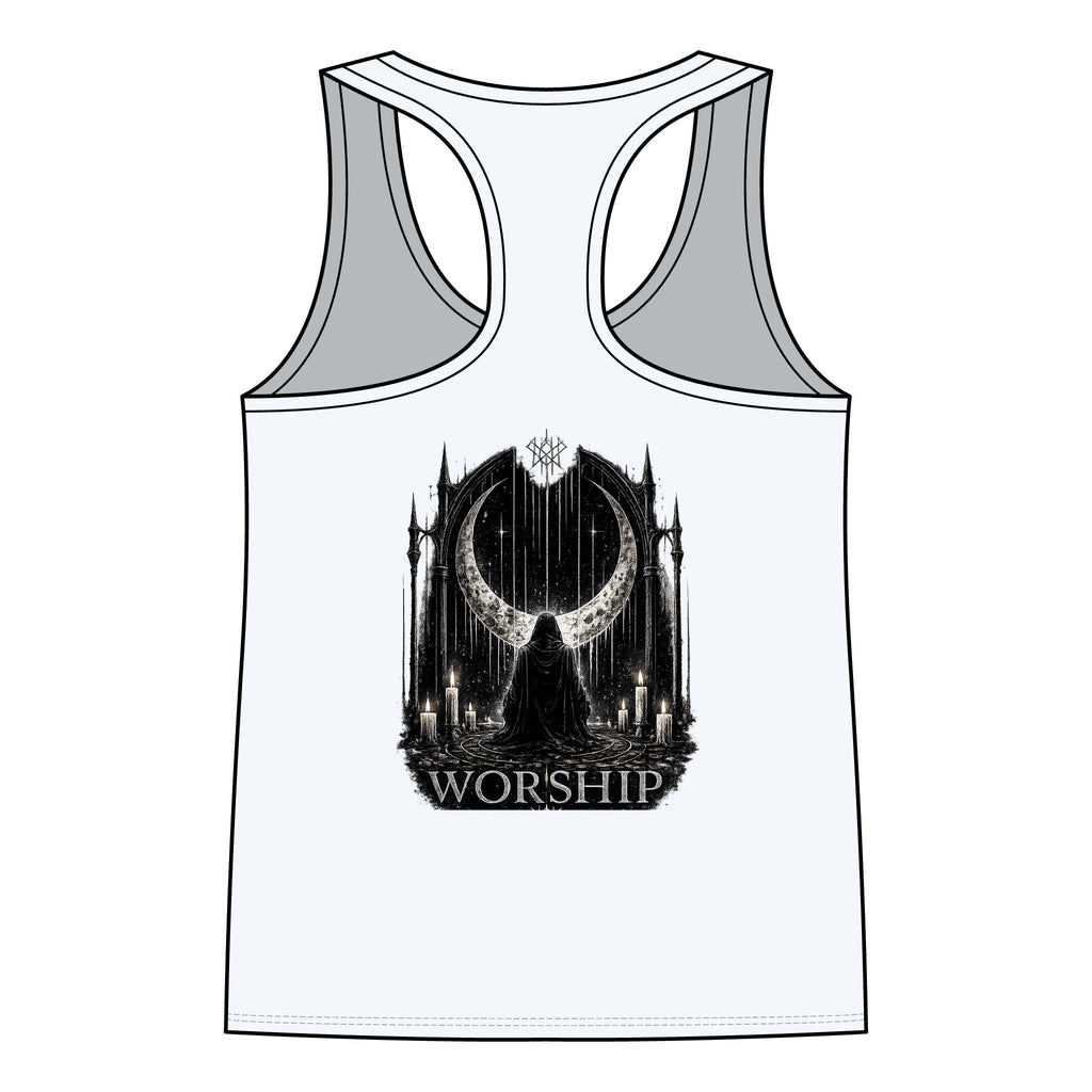 Worship Gothic Racerback Tank Top | Women’s Alternative Moon Graphic Shirt | Front & Back Print Tank