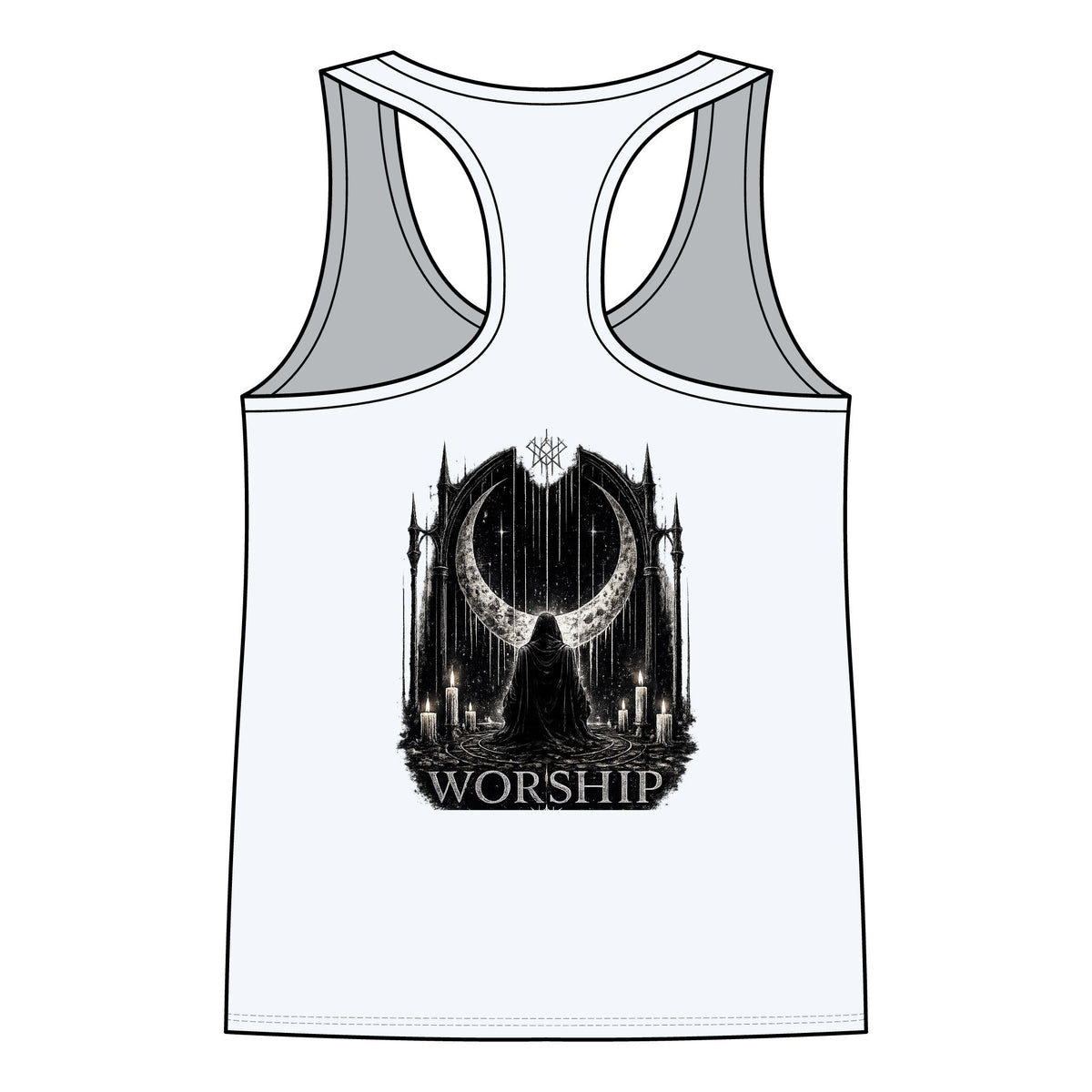 Worship Gothic Racerback Tank Top | Women’s Alternative Moon Graphic Shirt | Front & Back Print Tank