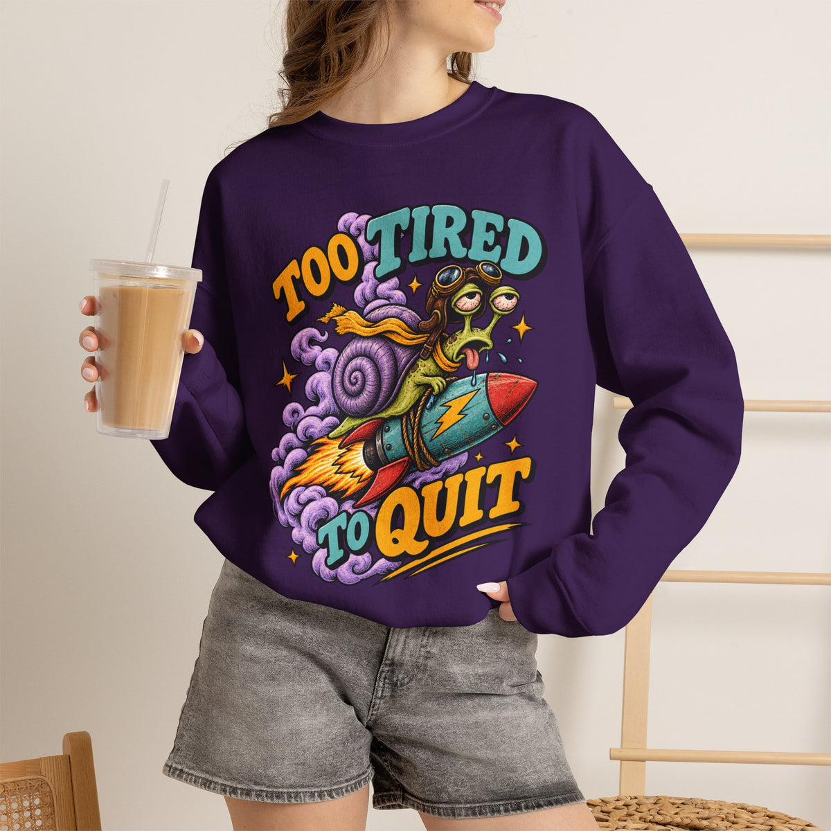 Too Tired to Quit Sweatshirt | Rocket Sloth Illustration, Motivational Retro