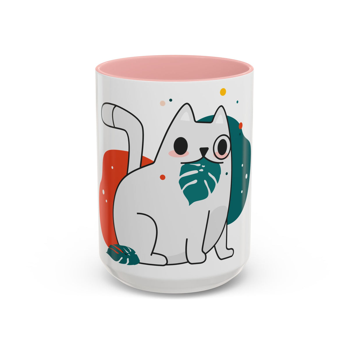 Cute Cat Coffee Mug  Playful White Cat with Tropical Leaf Accent 11oz 15oz