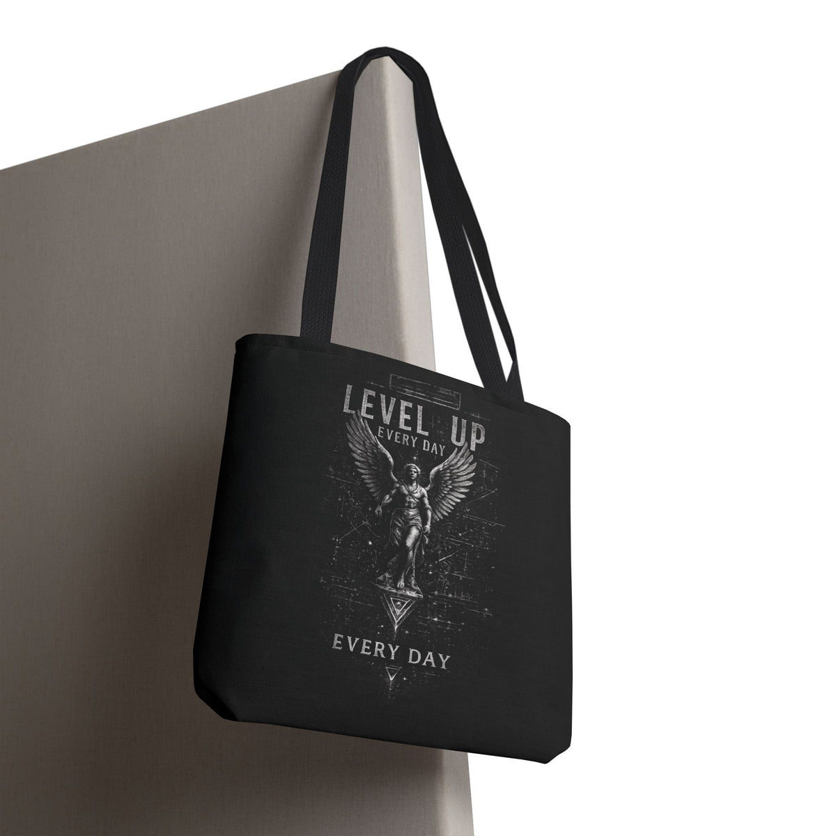 Level Up Every Day Angel Statue Tote Bag — Motivational Graphic Tote for Gamers & Fitness Fans