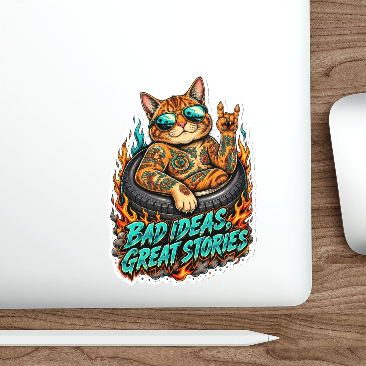 Tattooed Cat in Tire Die-Cut Sticker | 'Bad Ideas, Great Stories'