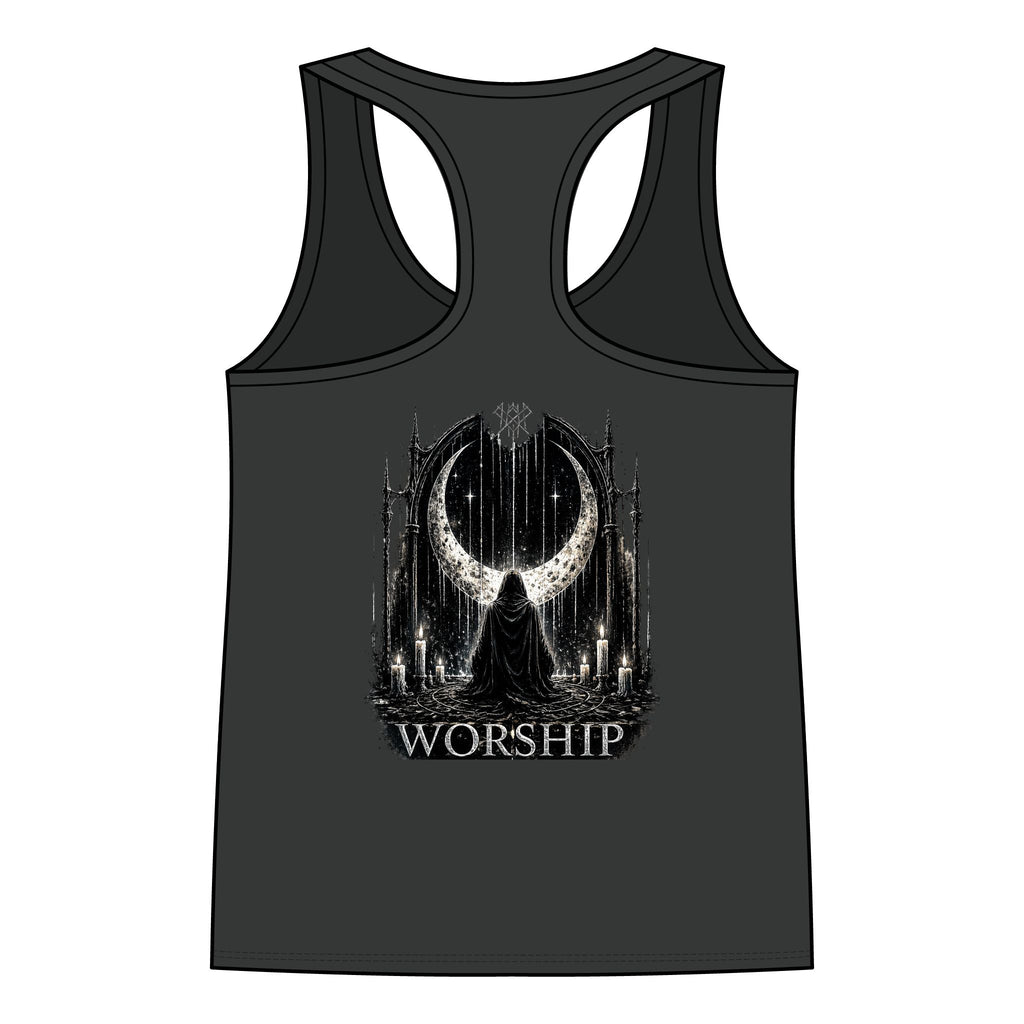 Worship Gothic Racerback Tank Top | Women’s Alternative Moon Graphic Shirt | Front & Back Print Tank
