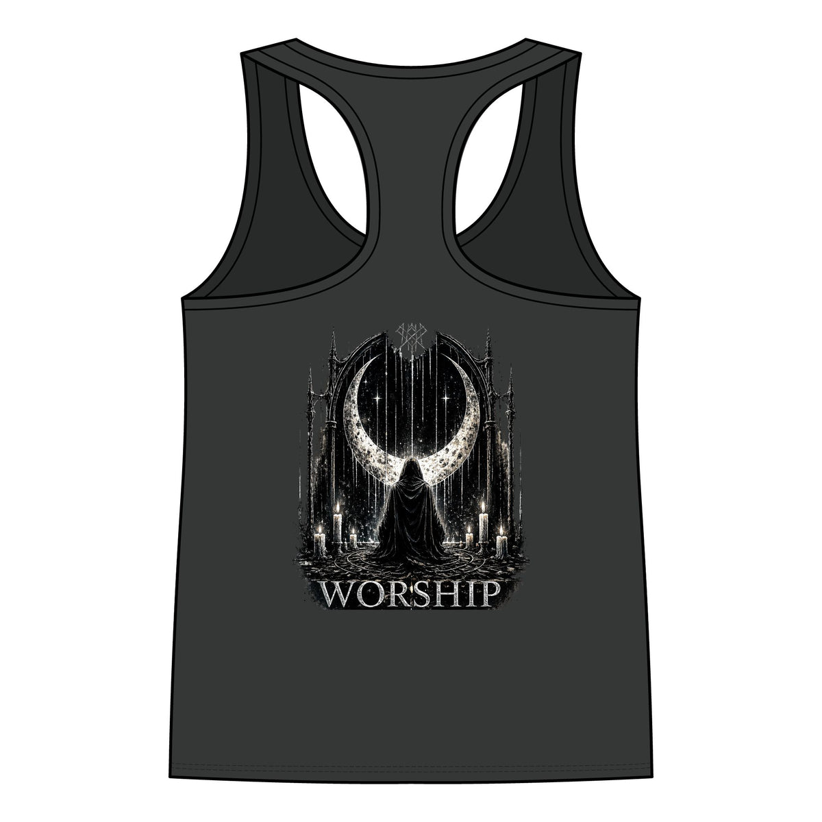 Worship Gothic Racerback Tank Top | Women’s Alternative Moon Graphic Shirt | Front & Back Print Tank