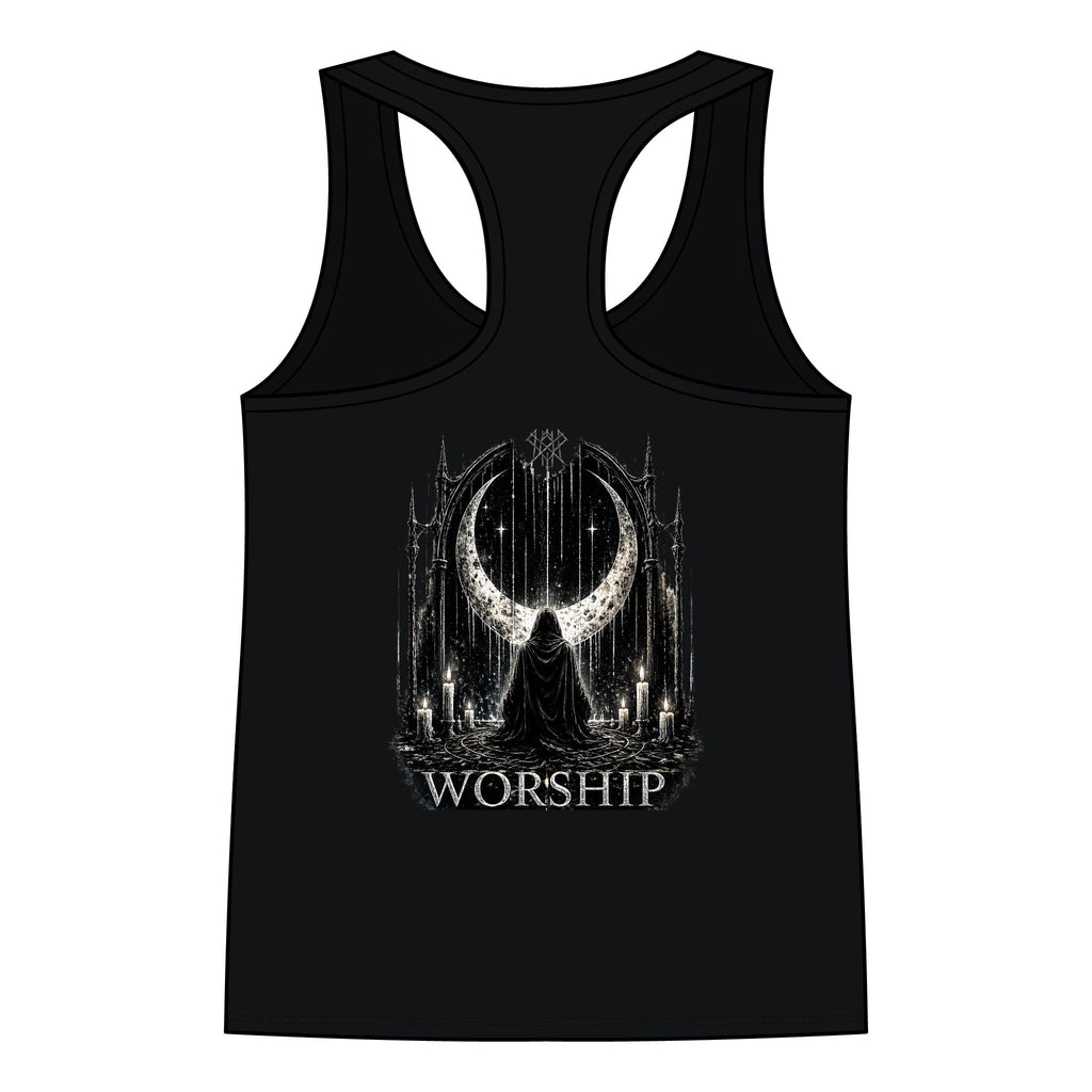 Worship Gothic Racerback Tank Top | Women’s Alternative Moon Graphic Shirt | Front & Back Print Tank