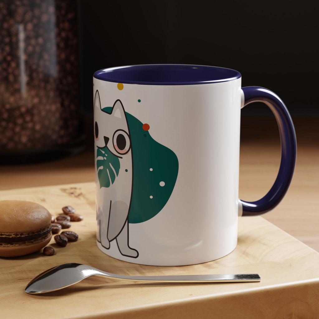 Cute Cat Coffee Mug  Playful White Cat with Tropical Leaf Accent 11oz 15oz