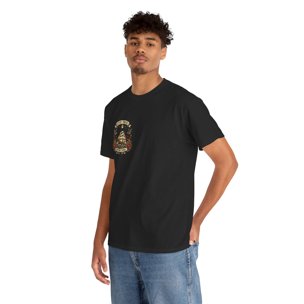 Stay True Never Sink T-Shirt — Vintage Sailboat Tattoo Graphic Tee