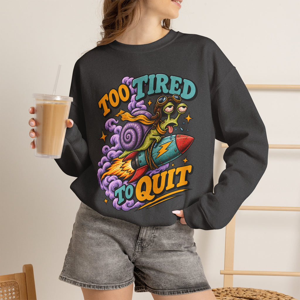Too Tired to Quit Sweatshirt | Rocket Sloth Illustration, Motivational Retro