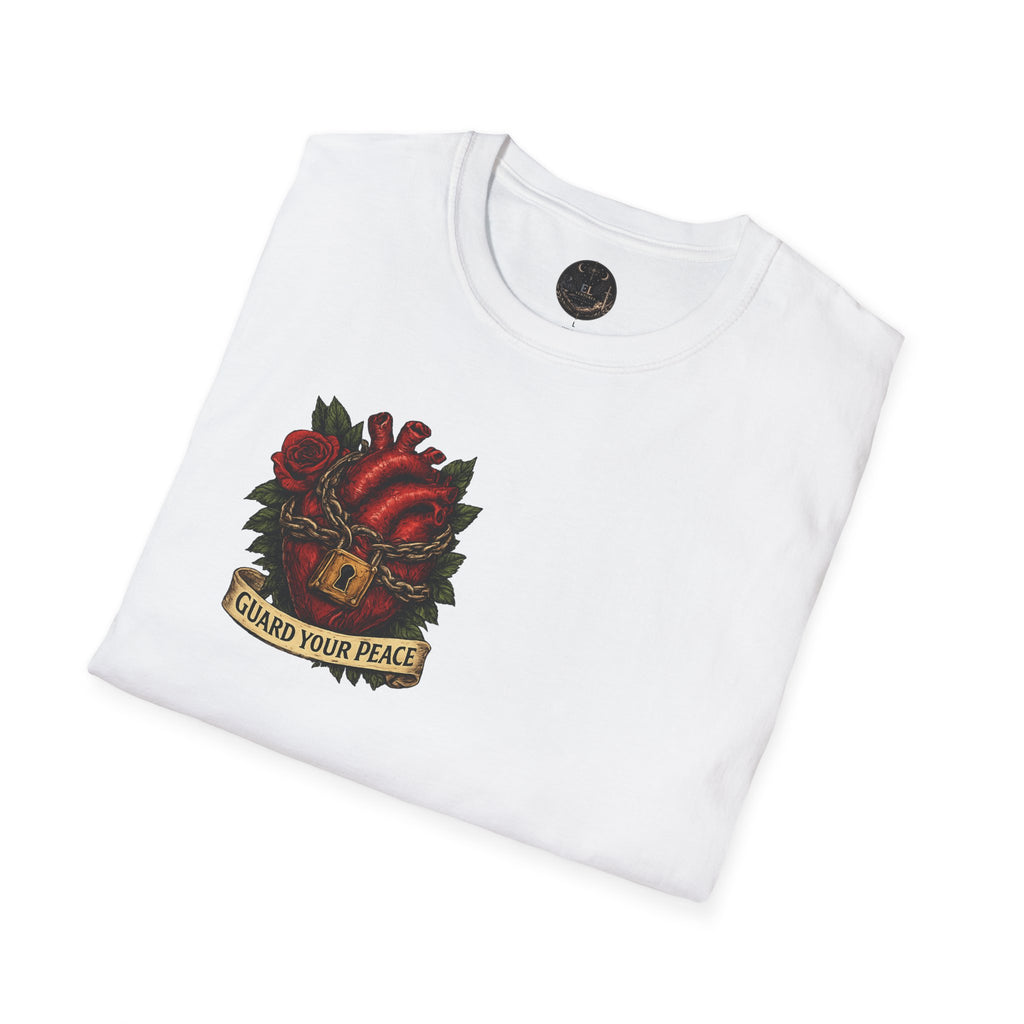 Guard Your Peace Heart graphic T-Shirt | anatomical heart, rose, lock