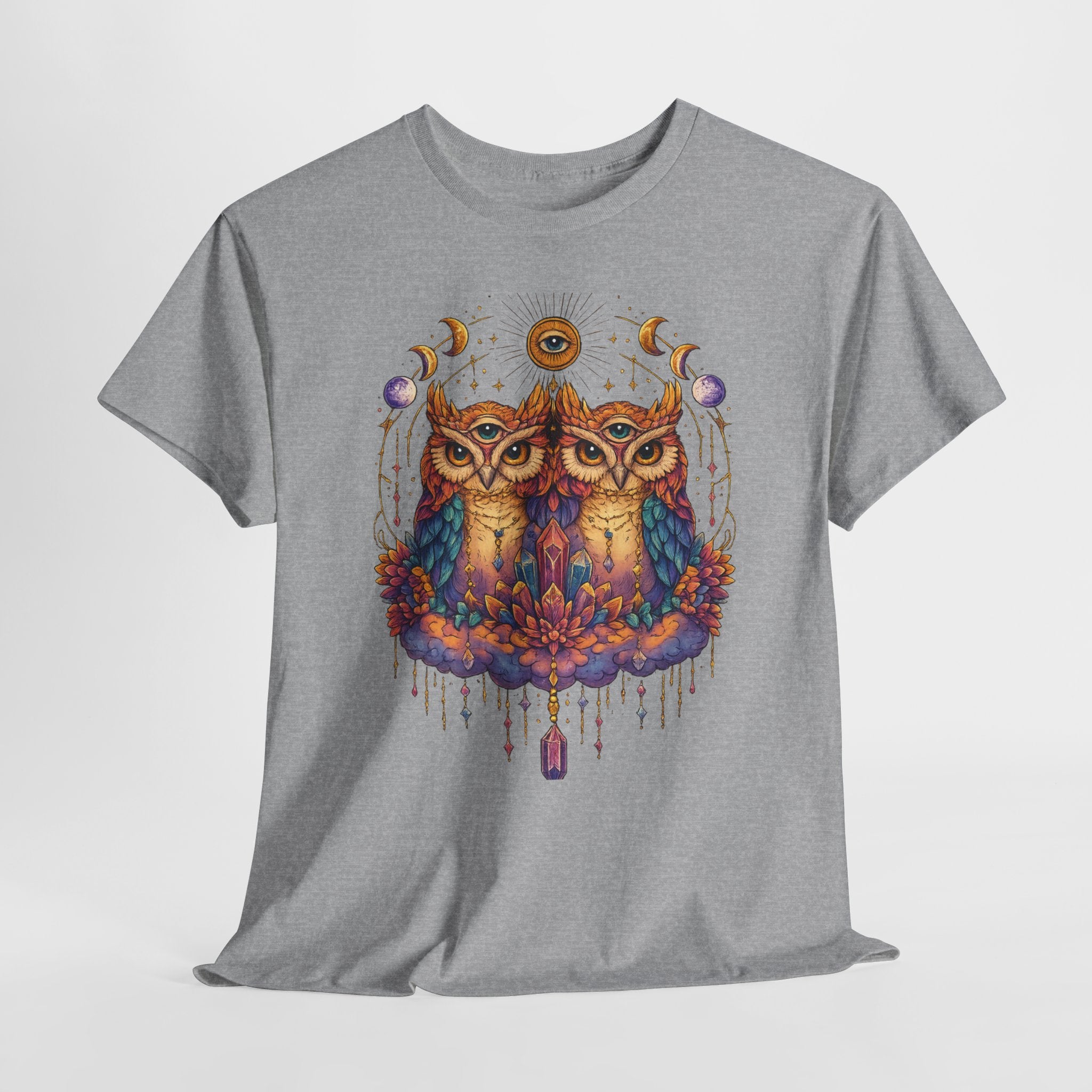 Mystical Triple Owl Illustration Tee Boho Moon Mystical Owl Shirt Boho Owl Graphic Tee Celestial Nature Shirt Spiritual Animal T Shirt