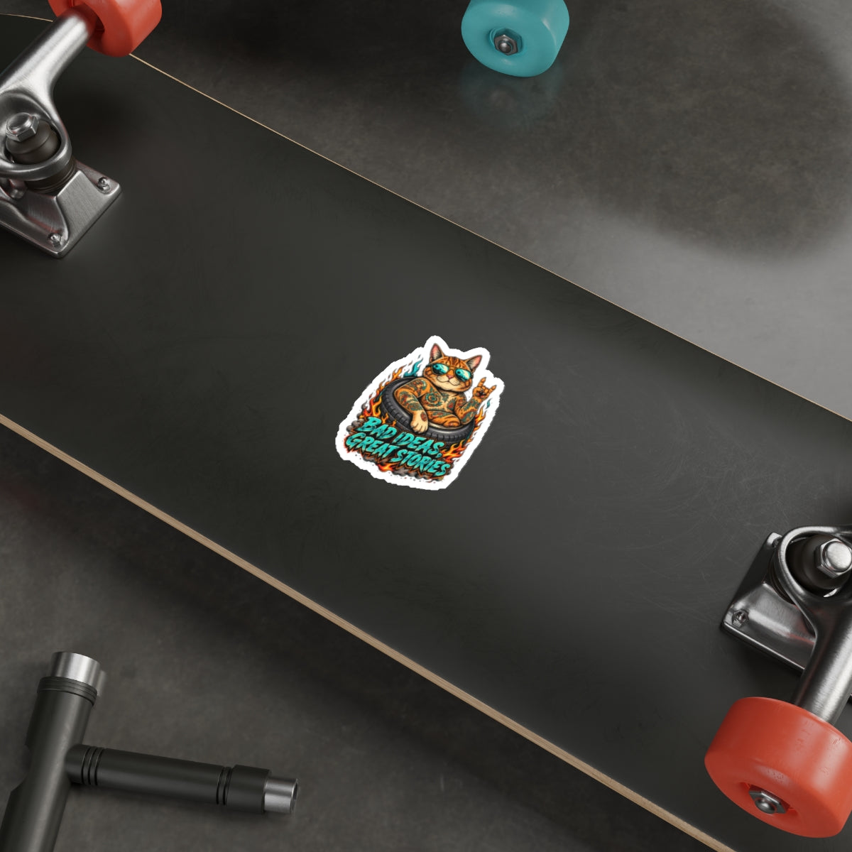 Tattooed Cat in Tire Die-Cut Sticker | 'Bad Ideas, Great Stories'