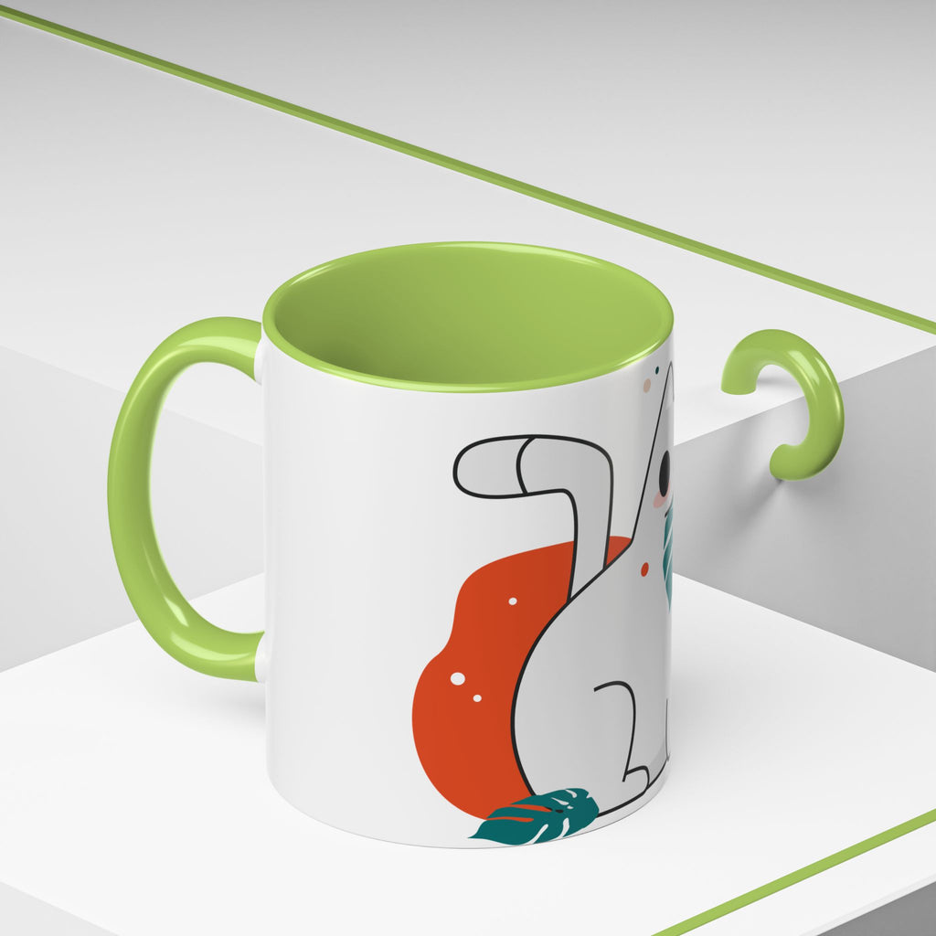 Cute Cat Coffee Mug  Playful White Cat with Tropical Leaf Accent 11oz 15oz