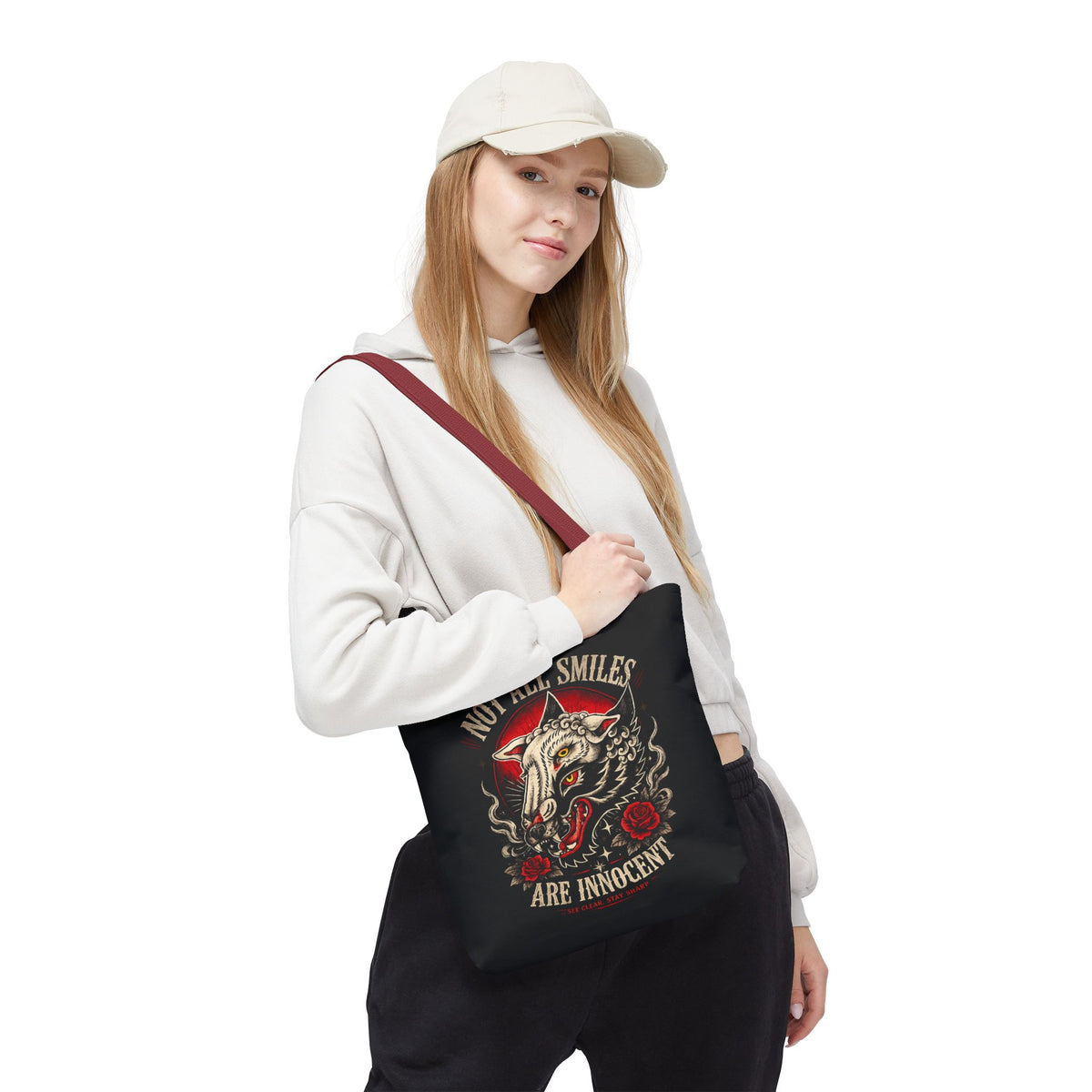 Not All Smiles Are Innocent Tote Bag – Gothic Wolf Skull Design