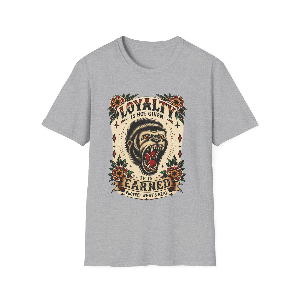 Loyalty Is Earned Gorilla Graphic T Shirt Vintage Tattoo Style Biker Streetwear Tee