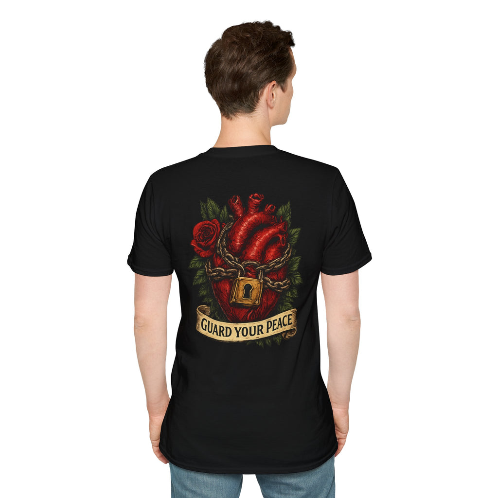 Guard Your Peace Heart graphic T-Shirt | anatomical heart, rose, lock