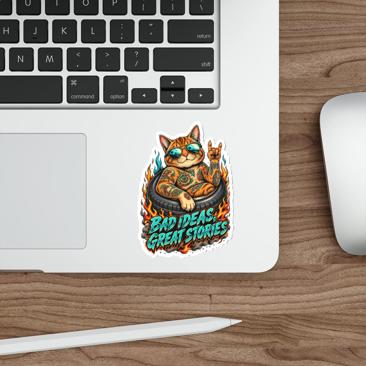 Tattooed Cat in Tire Die-Cut Sticker | 'Bad Ideas, Great Stories'