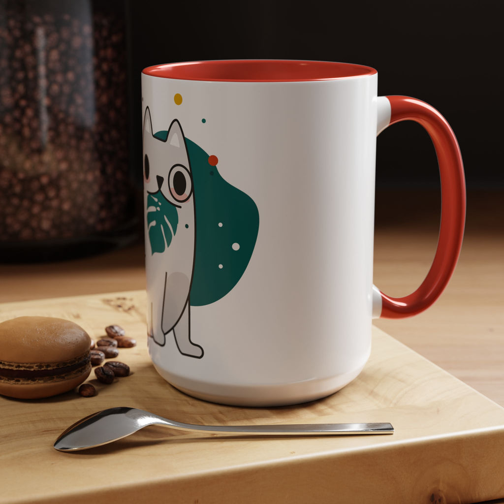 Cute Cat Coffee Mug  Playful White Cat with Tropical Leaf Accent 11oz 15oz