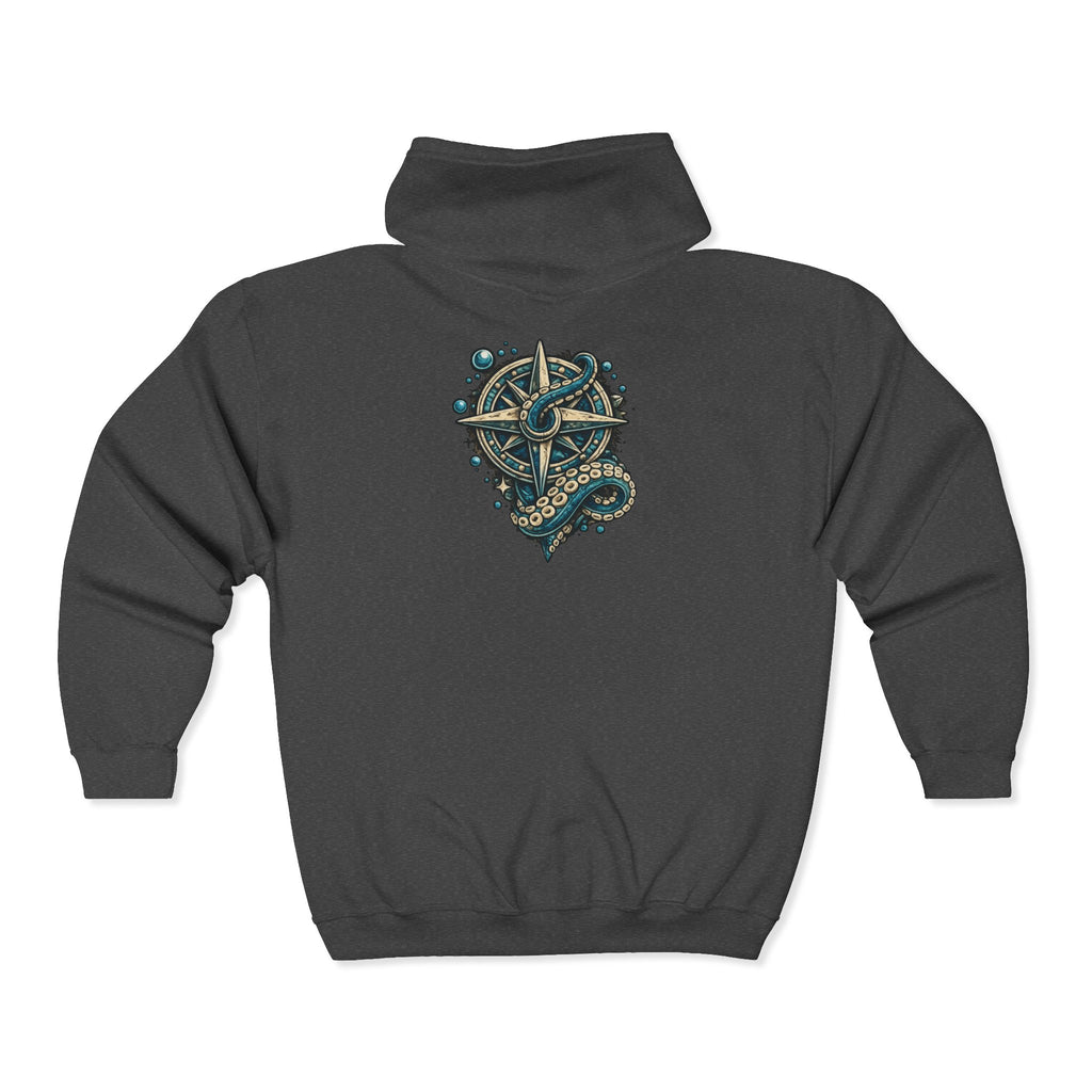 Nautical Compass & Octopus Zip Hoodie — Steampunk Sea Skull Design