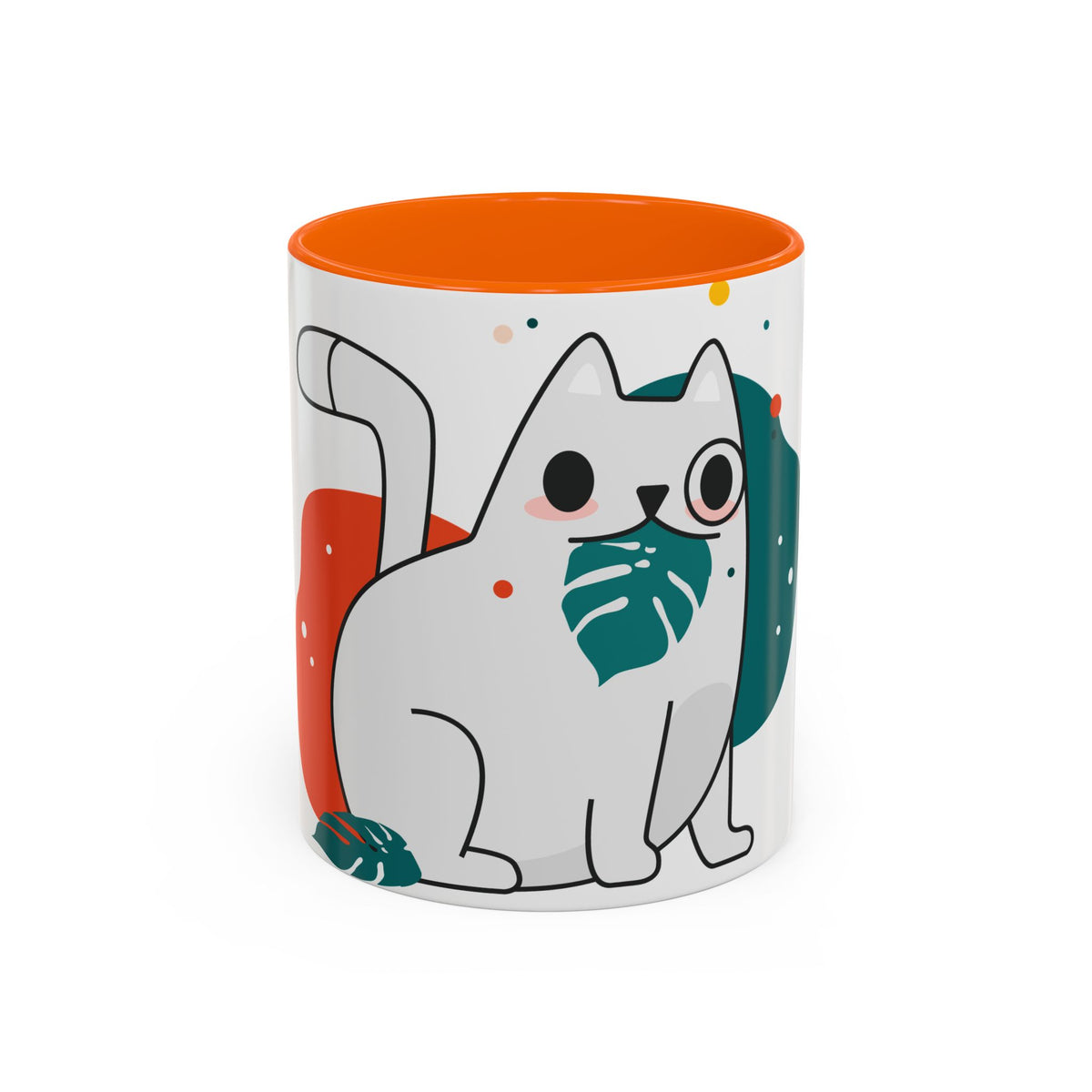 Cute Cat Coffee Mug  Playful White Cat with Tropical Leaf Accent 11oz 15oz