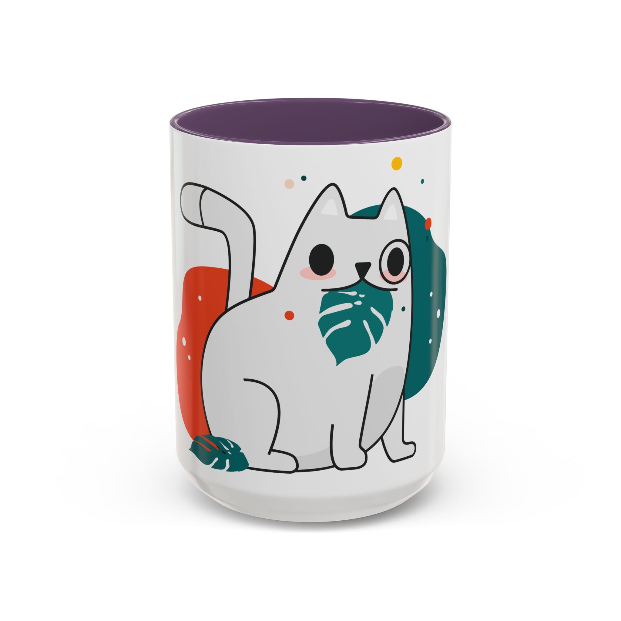 Cute Cat Coffee Mug  Playful White Cat with Tropical Leaf Accent 11oz 15oz