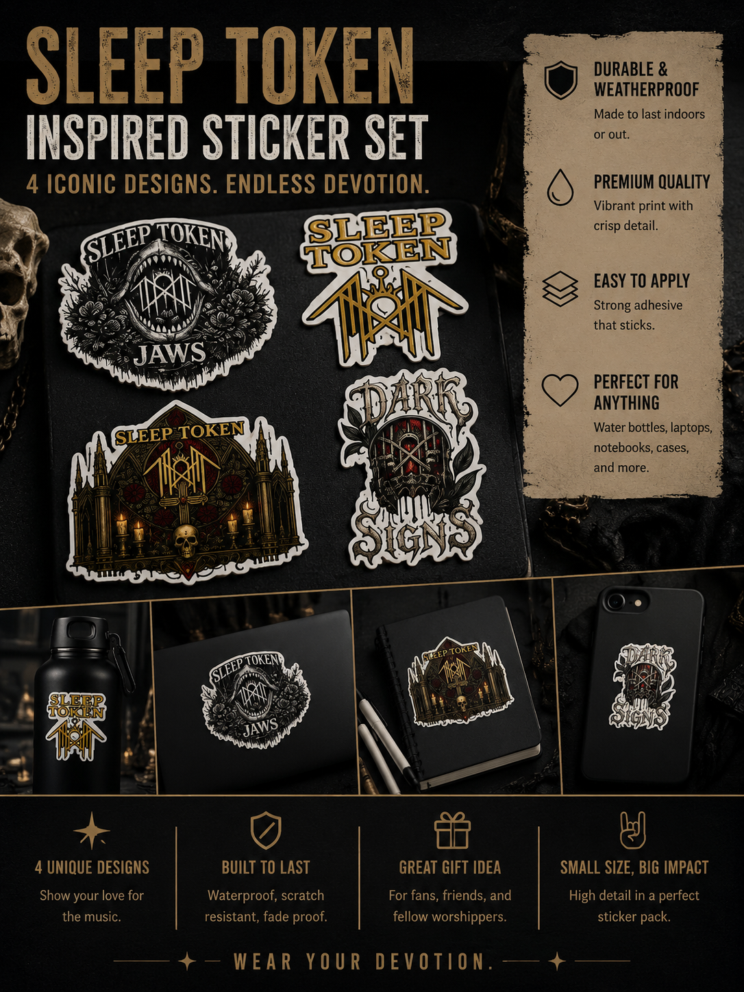 Sleep Token Inspired Sticker Pack Dark Signs Jaws Gothic Band Art Waterproof Vinyl Die Cut Decals Laptop Water Bottle Car Sticker Set