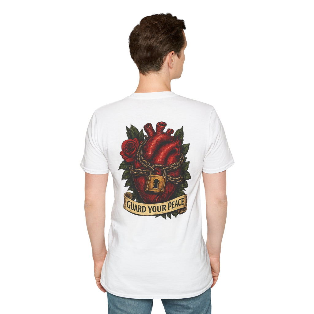 Guard Your Peace Heart graphic T-Shirt | anatomical heart, rose, lock