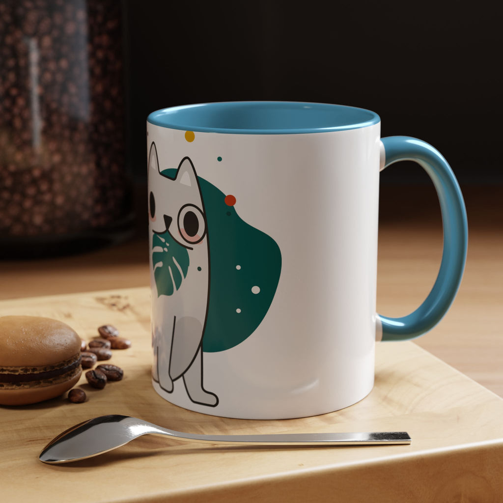 Cute Cat Coffee Mug  Playful White Cat with Tropical Leaf Accent 11oz 15oz