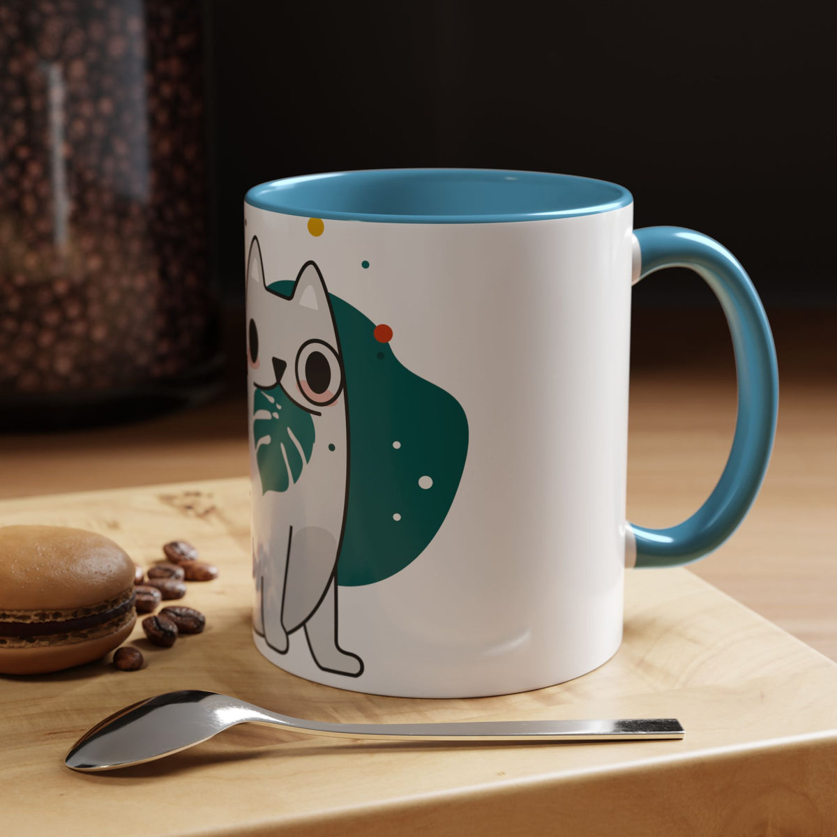Cute Cat Coffee Mug  Playful White Cat with Tropical Leaf Accent 11oz 15oz