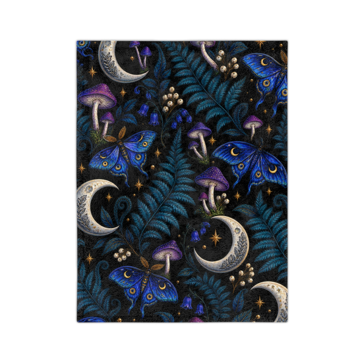 Moon & Blue Moth Pattern Velveteen Microfiber Blanket | Celestial Mushroom Fern Print
