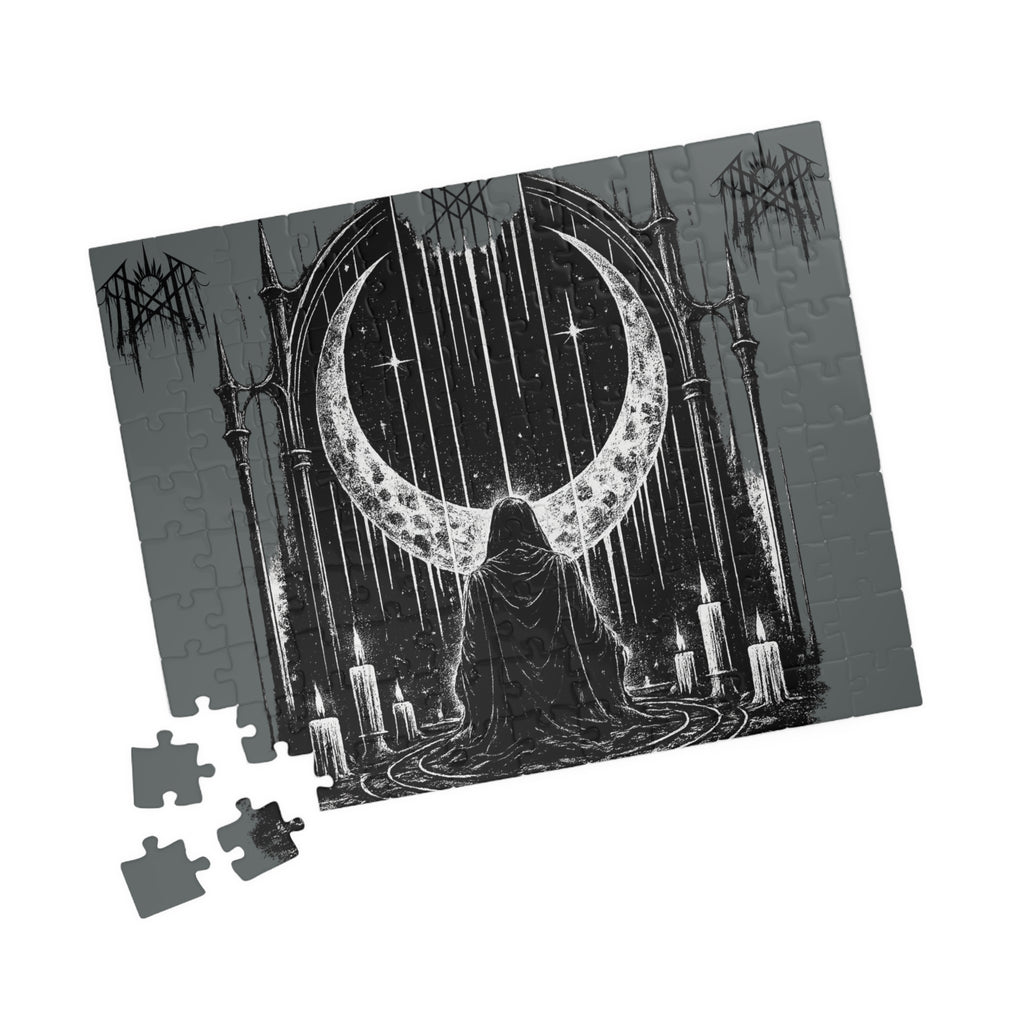 Piece together the ritual puzzle Worship Crescent Moon Altar Puzzle Gothic Occult Illustration