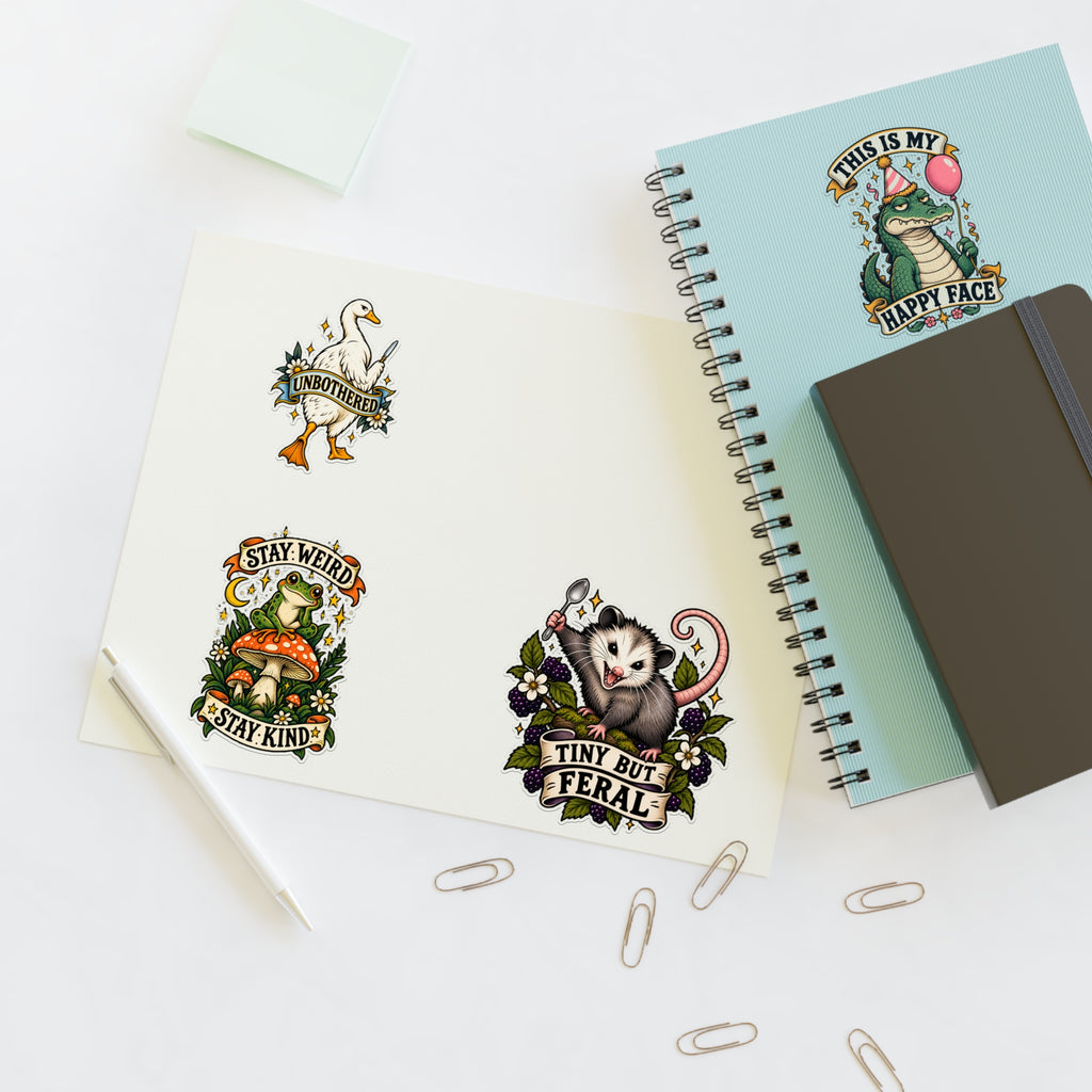 Whimsical Woodland Critters Sticker Sheet | Cute Frog Gator Opossum Goose