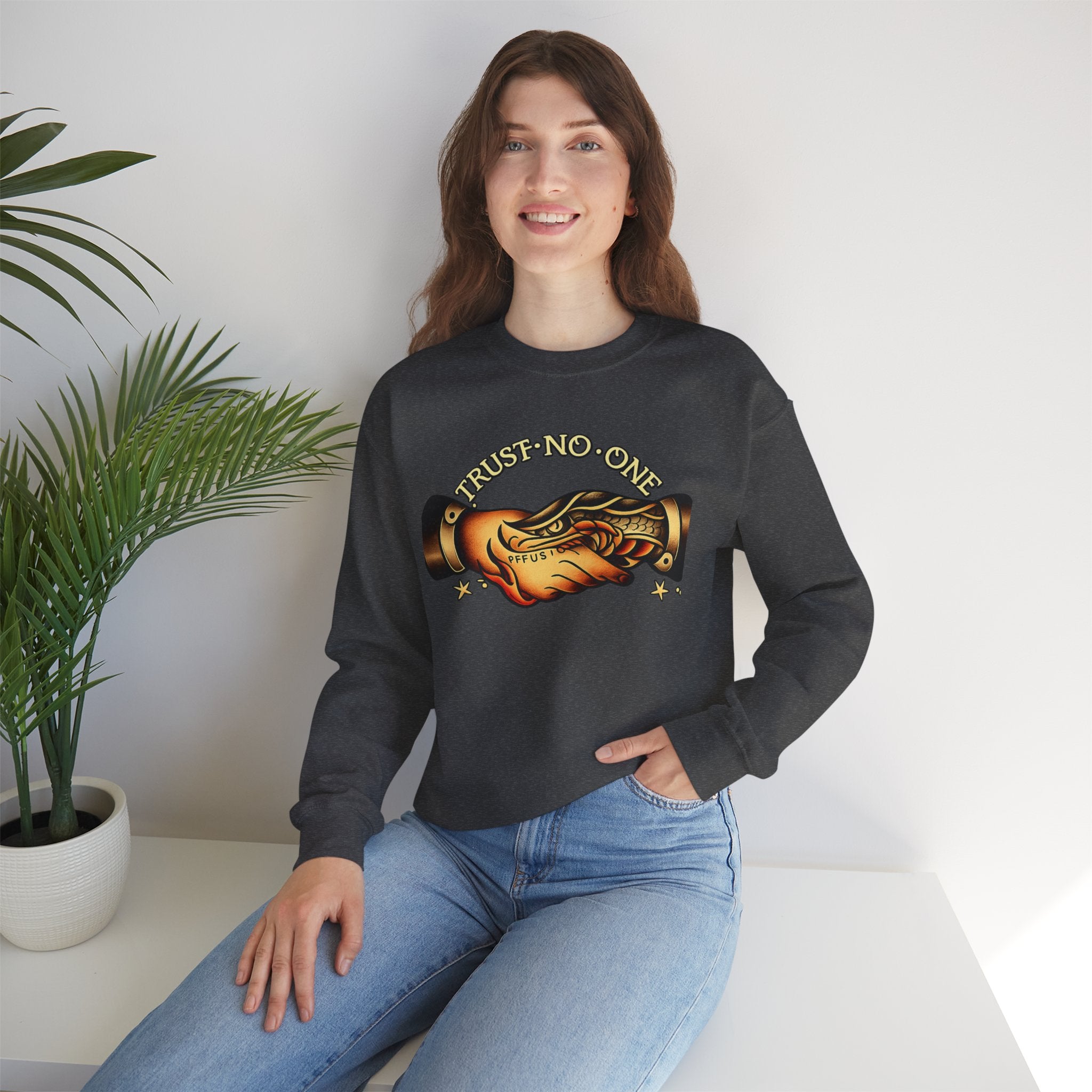 Trust No One Sweatshirt Vintage Tattoo Style Crewneck Retro Graphic Sweatshirt Alternative Streetwear Unisex Pullover Gift For Him Her