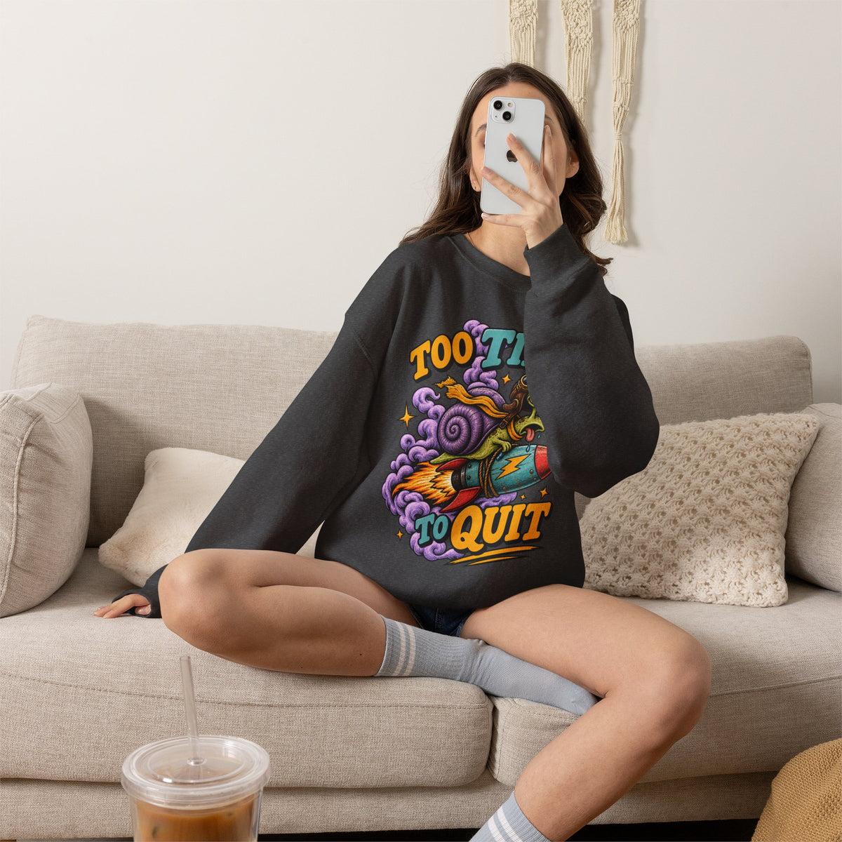 Too Tired to Quit Sweatshirt | Rocket Sloth Illustration, Motivational Retro