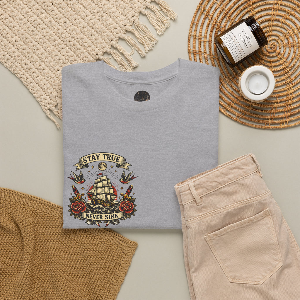Stay True Never Sink T-Shirt — Vintage Sailboat Tattoo Graphic Tee